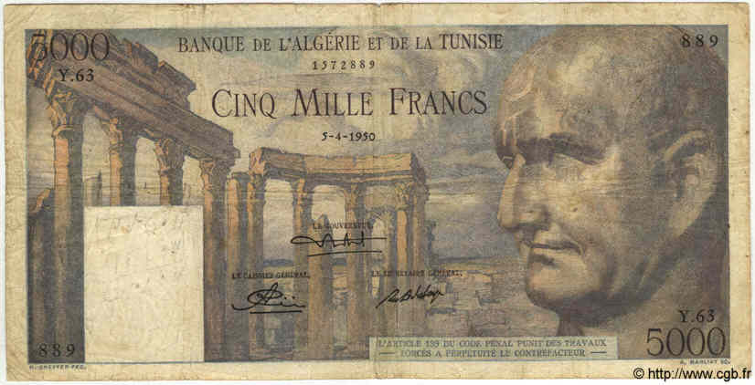 5000 Francs TUNISIA  1950 P.30 q.MB