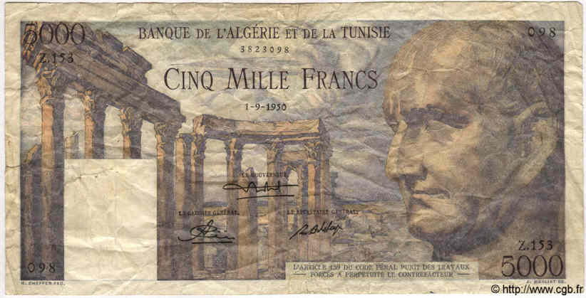 5000 Francs TUNISIA  1950 P.30 MB