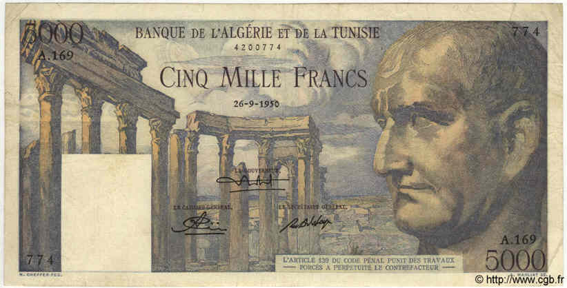 5000 Francs TúNEZ  1950 P.30 BC a MBC
