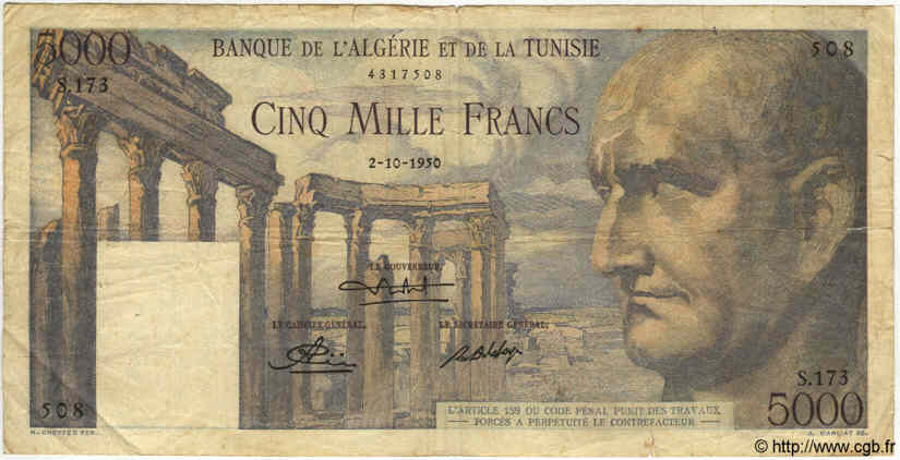 5000 Francs TUNISIA  1950 P.30 q.BB