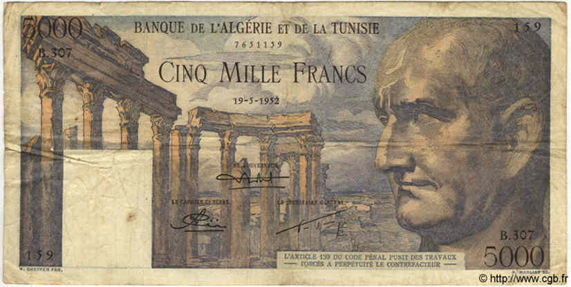 5000 Francs TUNESIEN  1952 P.30 S