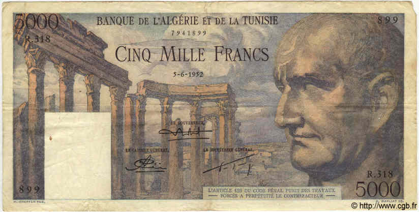 5000 Francs TUNISIA  1952 P.30 VF-