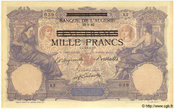 1000 Francs sur 100 Francs Non émis TUNESIEN  1892 P.31 fST+