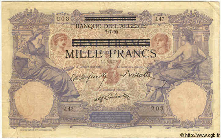 1000 Francs sur 100 Francs TUNESIEN  1892 P.31 SS