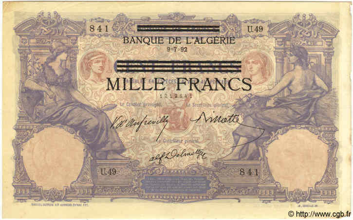1000 Francs sur 100 Francs TUNISIE  1892 P.31 TTB