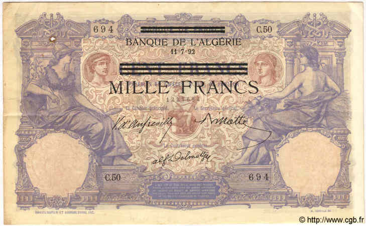 1000 Francs sur 100 Francs TUNISIA  1892 P.31 VF+
