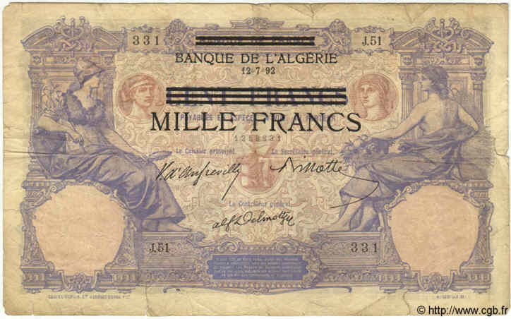 1000 Francs sur 100 Francs TúNEZ  1892 P.31 RC+