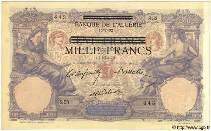 1000 Francs sur 100 Francs TúNEZ  1892 P.31 SC