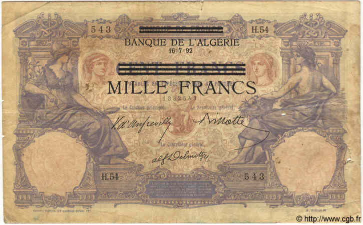 1000 Francs sur 100 Francs TUNISIA  1892 P.31 VG