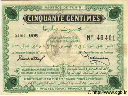 50 Centimes TúNEZ  1918 P.32c SC+
