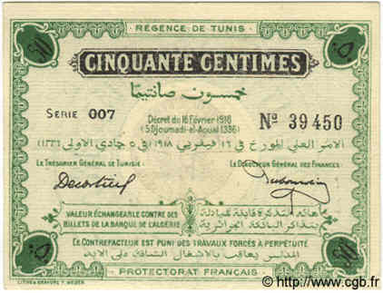 50 Centimes TUNISIA  1918 P.32c VF+