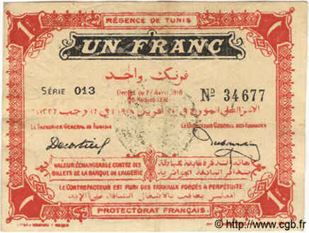 1 Franc TUNESIEN  1918 P.36b fVZ