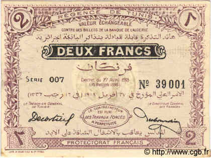 2 Francs TUNESIEN  1918 P.37a fST