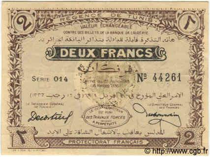 2 Francs TUNISIA  1918 P.37c XF