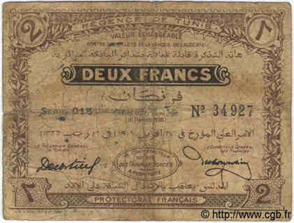 2 Francs TUNISIA  1918 P.37c VG