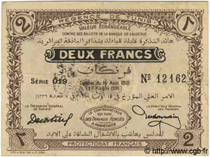 2 Francs TUNISIA  1918 P.38 VF