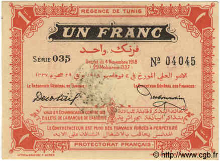 1 Franc TUNISIA  1918 P.43 FDC
