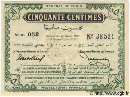 50 Centimes TUNESIEN  1919 P.45a VZ