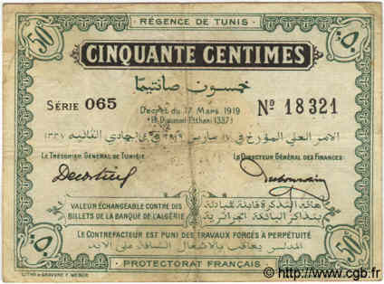 50 Centimes TUNISIA  1919 P.45b F+