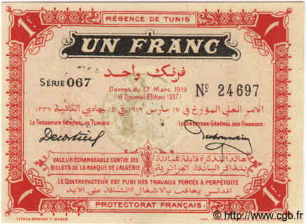 1 Franc TUNISIA  1919 P.46a FDC