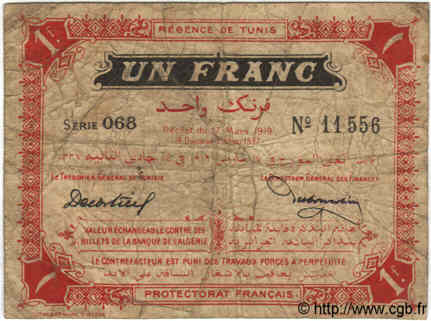 1 Franc TUNISIA  1919 P.46a q.MB