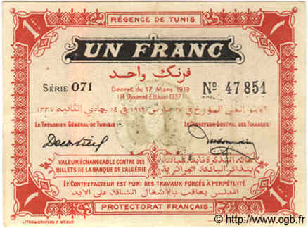 1 Franc TUNISIA  1919 P.46a VF+