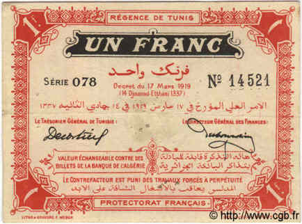 1 Franc TúNEZ  1919 P.46b MBC