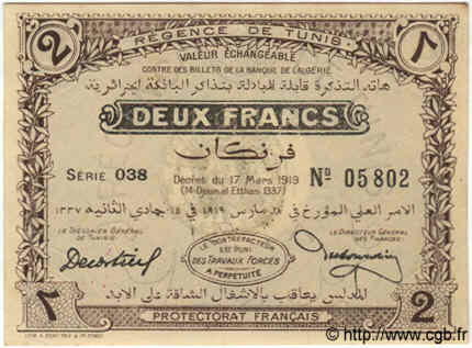 2 Francs TUNESIEN  1919 P.47a fST