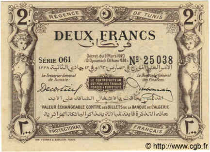 2 Francs TUNISIA  1920 P.50 AU