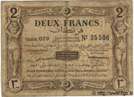 2 Francs TUNISIA  1920 P.50 VG