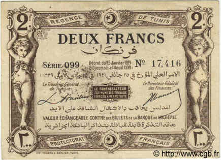 2 Francs TUNESIEN  1921 P.53 fVZ