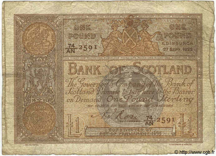 1 Pound SCOTLAND  1922 P.081d VG