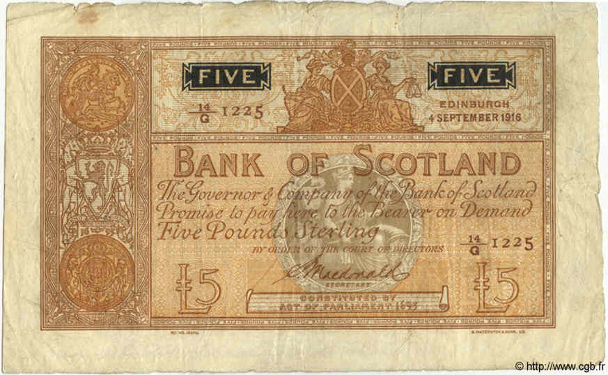 5 Pounds SCOTLAND  1916 P.082c VF