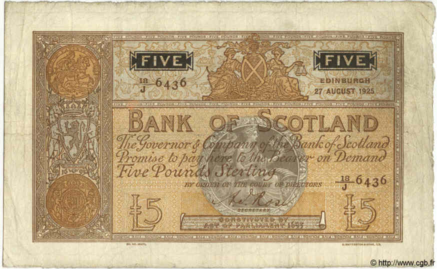 5 Pounds SCOTLAND  1925 P.082d SS