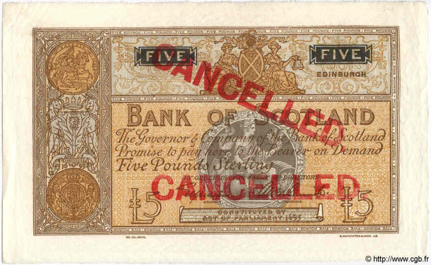 5 Pounds Annulé SCOTLAND  1937 P.092 EBC+