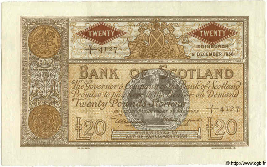 20 Pounds SCOTLAND  1950 P.094c q.SPL
