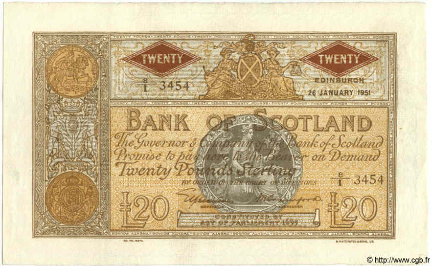 20 Pounds SCOTLAND  1951 P.094c XF+