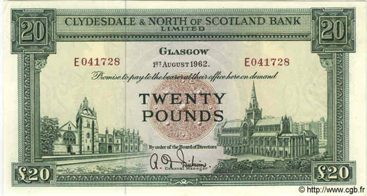20 Pounds SCOTLAND  1962 P.193b fST