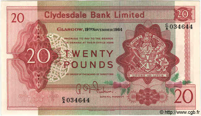20 Pounds SCOTLAND  1964 P.200 SC+