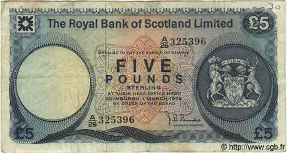 5 Pounds SCOTLAND  1974 P.337 F