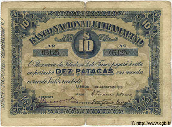 10 Patacas TIMOR  1910 P.03 SGE