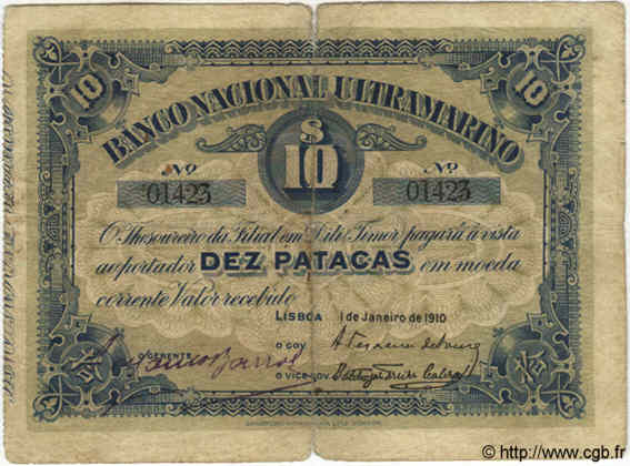 10 Patacas TIMOR  1910 P.03 q.MB