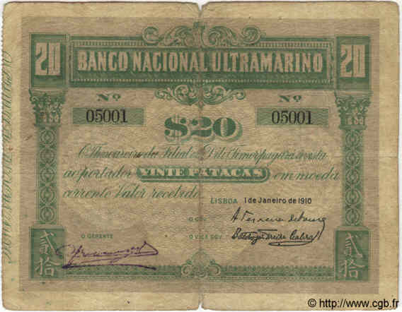 20 Patacas TIMOR  1910 P.04 B
