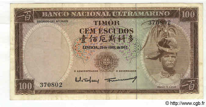 100 Escudos TIMOR  1963 P.28a BB