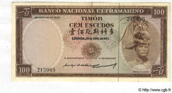 100 Escudos TIMOR  1963 P.28a VZ+