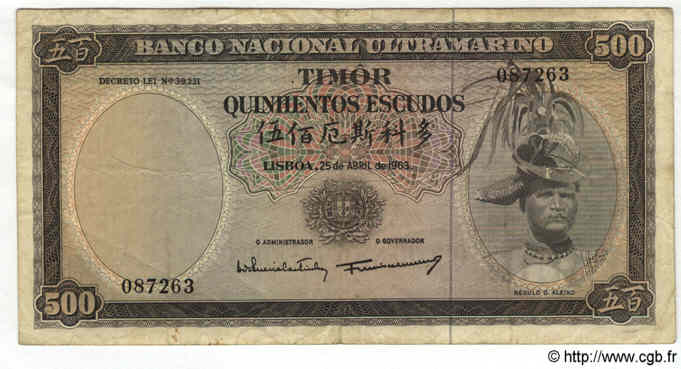 500 Escudos TIMOR  1963 P.29 q.MB