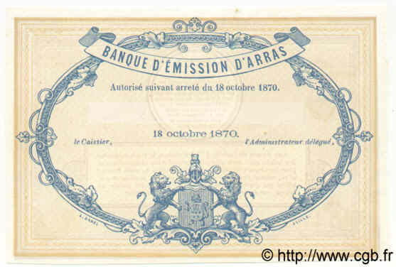 5 Francs Non émis FRANCE regionalism and various Arras 1870 BPM.082.01 UNC