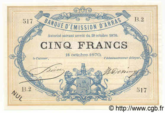 5 Francs Non émis FRANCE régionalisme et divers Arras 1870 BPM.082.01 NEUF