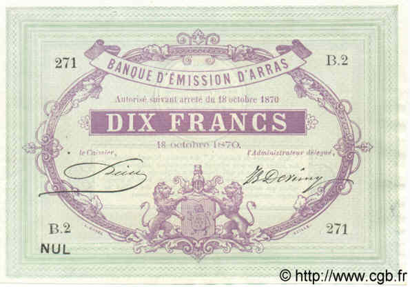 10 Francs Non émis FRANCE regionalismo y varios Arras 1870 BPM.082.01 SC