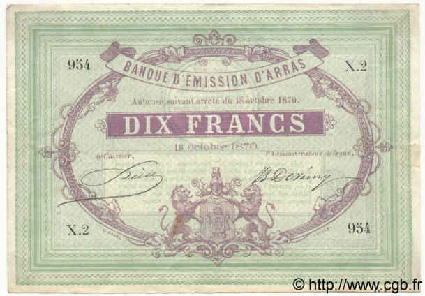 10 Francs FRANCE regionalism and miscellaneous Arras 1870 BPM.082.01 VF+